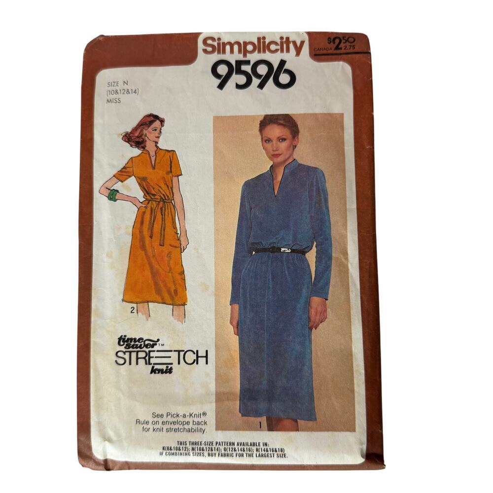 Vintage Pullover Dress Stretch Knit Long Short Sleeve Size 10,12,14 Miss Pattern
